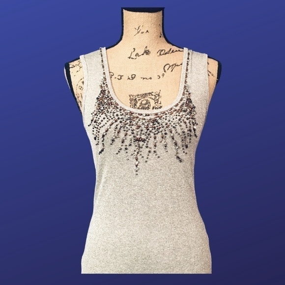 JON Tank Top, Beaded Metallic Sparkle Scoop Neck Shell, SILVER, Size Small, EUC - Picture 1 of 9